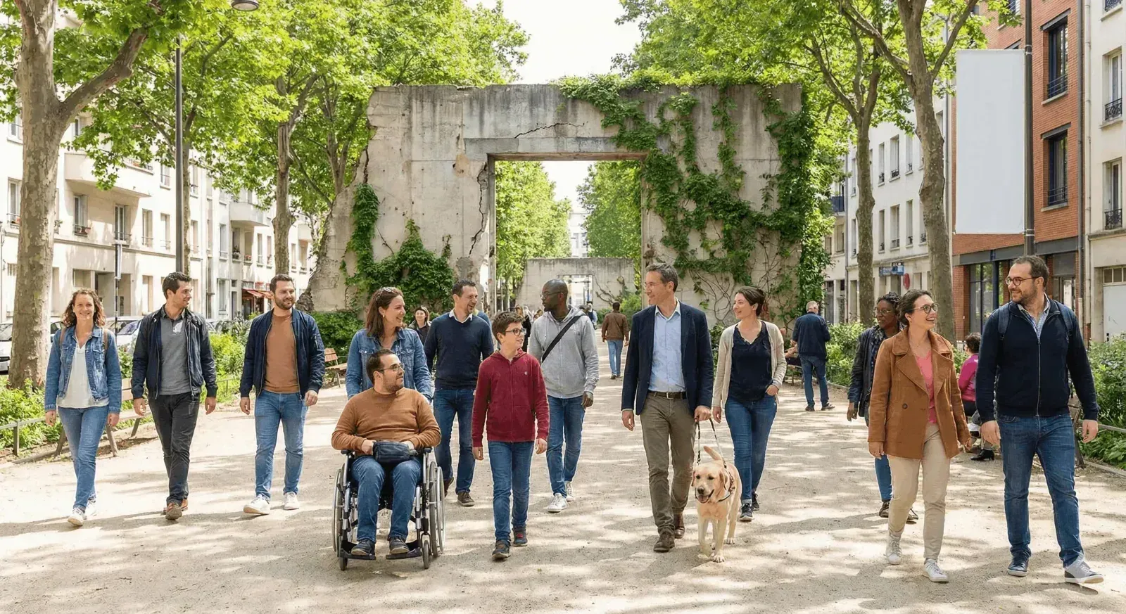 Freiwillige und Begünstigte des Vereins Cœur Historique bei einem Spaziergang in Lüttich